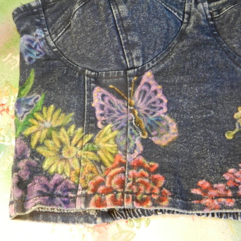 HAND CRAFTED floral denim bustier OOAK custom hand painted jean camisole top - Picture 2 of 16